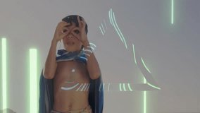 Adjusting goggles, child with digital animation patterns on beach background. Technology, virtual reality, imagination, creativity, summer, outdoor - Powered by Shutterstock - Get 15% off with code: PIKWIZARD15