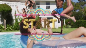 Jumping into pool, people over START text with colorful rainbow animation. Swimming, summer, splash, aquatics, vibrant, fun - Powered by Shutterstock - Get 15% off with code: PIKWIZARD15