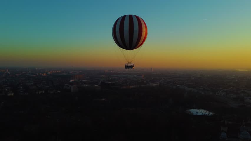Hot air balloon in Budapest at sunset. Filmed by my drone