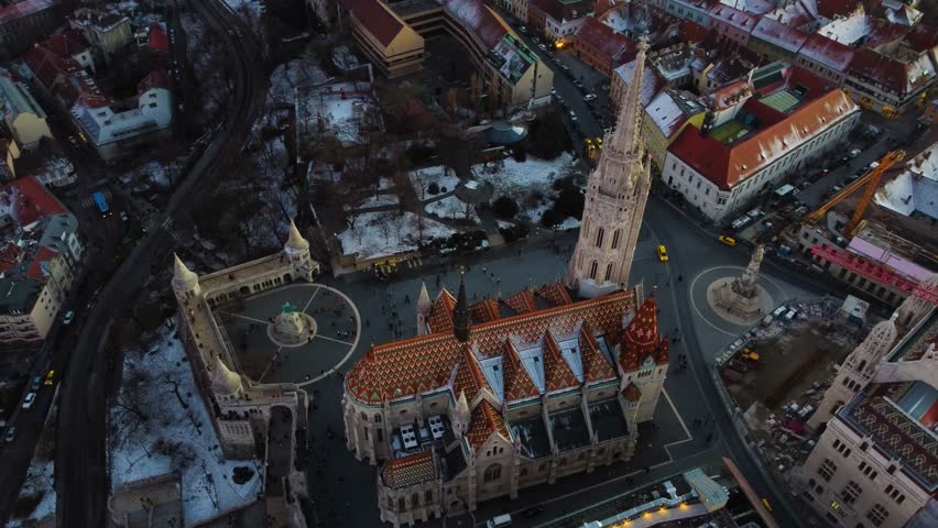 Fisherman Bastion and Matthias church in Budapest. Drone video