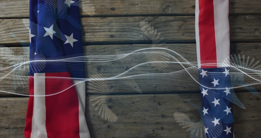 American flags with flowing wave animation over rustic wooden background. Patriotic, USA, nationalism, texture, Americana, waving