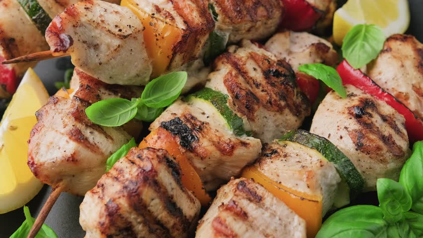 Chicken kebab skewers on a plate with vegetables and ketchup. Mediterranean healthy food