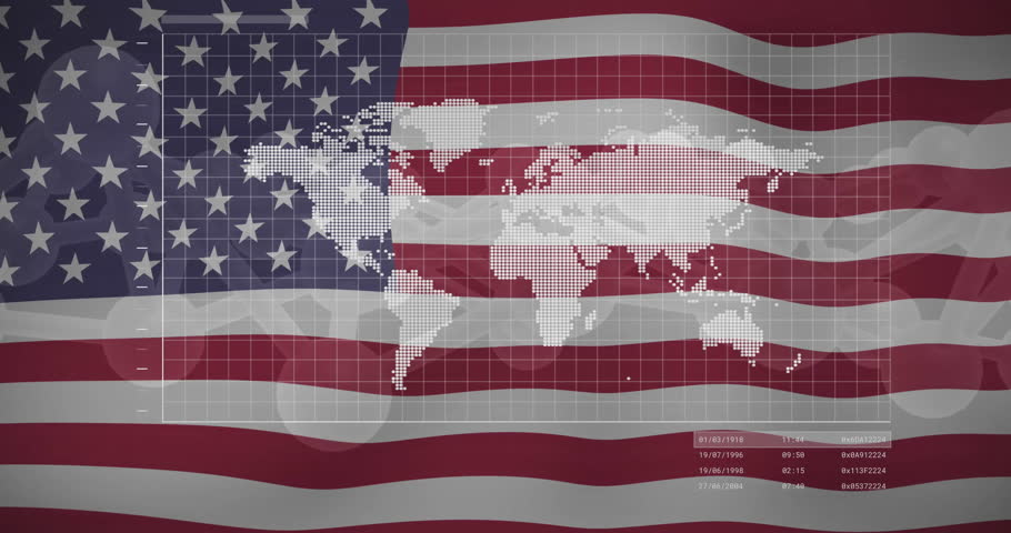 Overlaying data points on world map with American flag in animation style. data visualization, geopolitics, technology, analytics, international, business