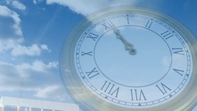 Roman numerals on clock face against blue sky with clouds in animation. Time, clockwork, vintage, analog, concept, cloudscape - Powered by Shutterstock - Get 15% off with code: PIKWIZARD15