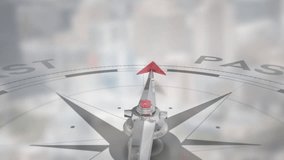 Compass pointing towards future with animation of blurred cityscape in background. Navigation, direction, opportunity, exploration, innovation, futuristic - Powered by Shutterstock - Get 15% off with code: PIKWIZARD15