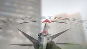 Compass needle pointing to Strategy with animation over cityscape background. Business, planning, leadership, guidance, navigation, direction - Powered by Shutterstock - Get 15% off with code: PIKWIZARD15