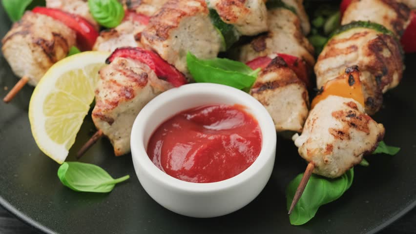 Dipping Chicken kebab in ketchup. Mediterranean healthy food.