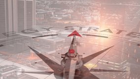 Compass pointing towards strategy in animation over cityscape with sunset lighting. Direction, navigation, business, growth, concept, leadership - Powered by Shutterstock - Get 15% off with code: PIKWIZARD15