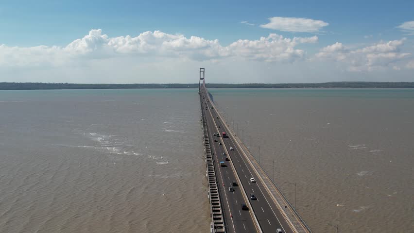 Surabaya, Indonesia - February 7, 2022 : Aerial view of the Suramadu Bridge connecting Java and Madura Island. Madura Landmark.