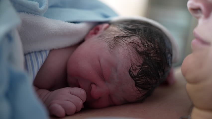 Close-up of newborn baby right after birth resting on mother's chest emphasizing skin to skin contact authentic real life birth moment first minutes of life of infant