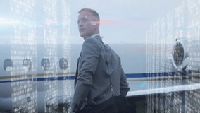 Businessman boarding private jet with digital data processing animation overlay. Aviation, technology, luxury, finance, entrepreneur, travel - Powered by Shutterstock - Get 15% off with code: PIKWIZARD15