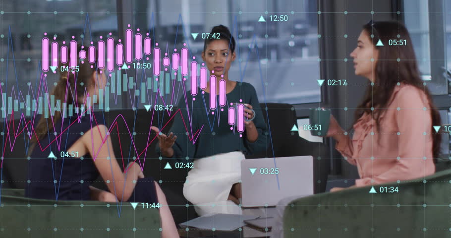 Business meeting with diverse women discussing over financial data animation. diversity, finance, teamwork, collaboration, discussion