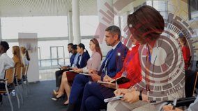 In conference, business professionals taking notes with digital data animation overlay. technology, meeting, corporate, networking, innovation - Powered by Shutterstock - Get 15% off with code: PIKWIZARD15