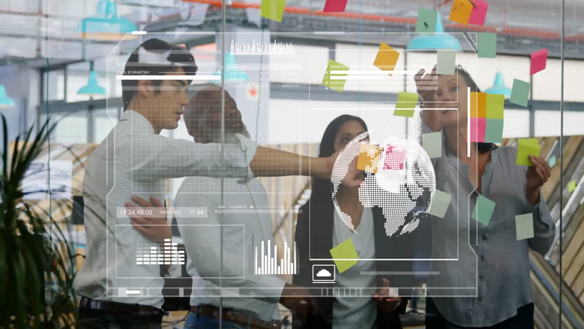 Business team collaborating with data analytics animation overlay in modern office. teamwork, collaboration, digital, technology, strategy, innovation - Powered by Shutterstock - Get 15% off with code: PIKWIZARD15