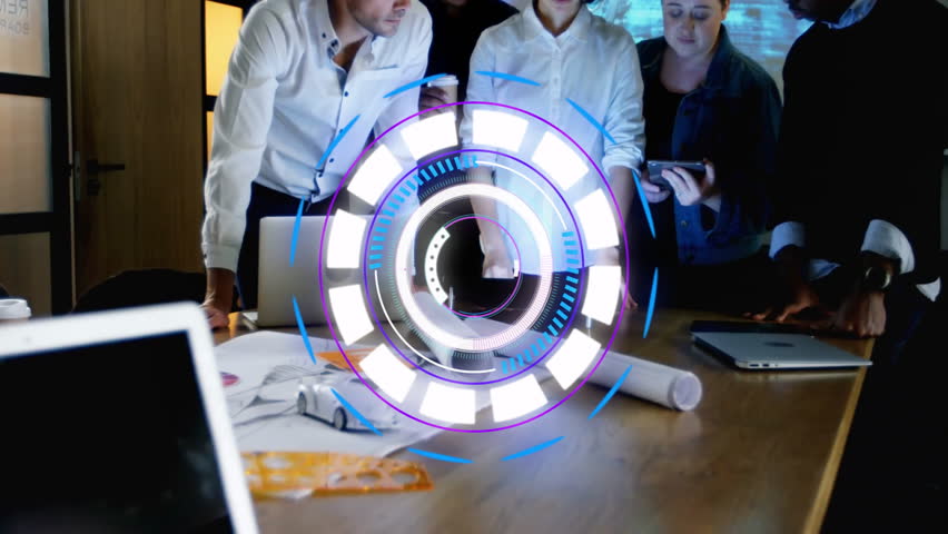 In modern office, diverse team collaborating with futuristic digital interface animation. Technology, teamwork, innovation, collaboration, business, professional - Powered by Shutterstock - Get 15% off with code: PIKWIZARD15