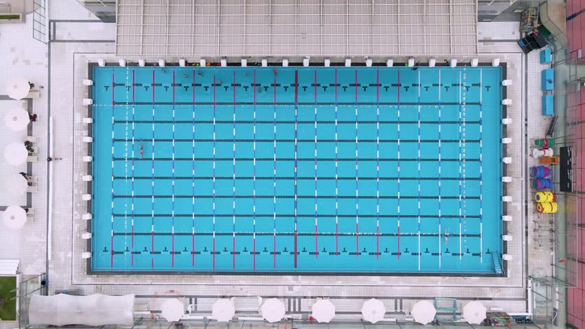 Aerial top down shot of an Olympic swimming pool at Regatas Club in Chorrillos, Lima, Peru