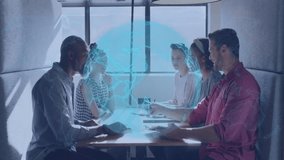 In school, diverse team collaborating with digital globe and data animation at table. Teamwork, collaboration, technology, innovation, education, brainstorming - Powered by Shutterstock - Get 15% off with code: PIKWIZARD15