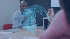 Business meeting with digital world map animation overlaying diverse professionals. Teamwork, global, collaboration, technology, corporate, innovation - Powered by Shutterstock - Get 15% off with code: PIKWIZARD15