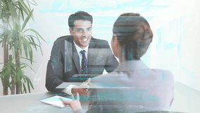 Business professionals discussing over digital data processing animation in office. Technology, innovation, data analysis, teamwork, collaboration, business meeting - Powered by Shutterstock - Get 15% off with code: PIKWIZARD15