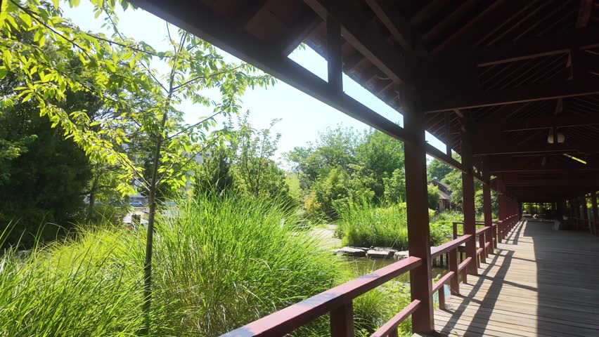 Japanese-Inspired Garden With Wooden Structure On Versailles Island In Nantes, France. Sideways Shot