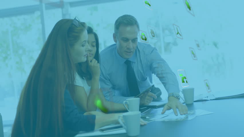 Business team discussing documents with digital data processing animation overlay. Teamwork, collaboration, finance, meeting, analytics, technology - Powered by Shutterstock - Get 15% off with code: PIKWIZARD15
