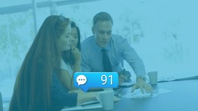 Business meeting with social media chat bubble animation over three colleagues. Collaboration, teamwork, digital, networking, communication, technology - Powered by Shutterstock - Get 15% off with code: PIKWIZARD15