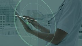 Using tablet with digital targeting interface, medical professional in hospital setting. Technology, healthcare, innovation, medicine, consultation, diagnostics - Powered by Shutterstock - Get 15% off with code: PIKWIZARD15