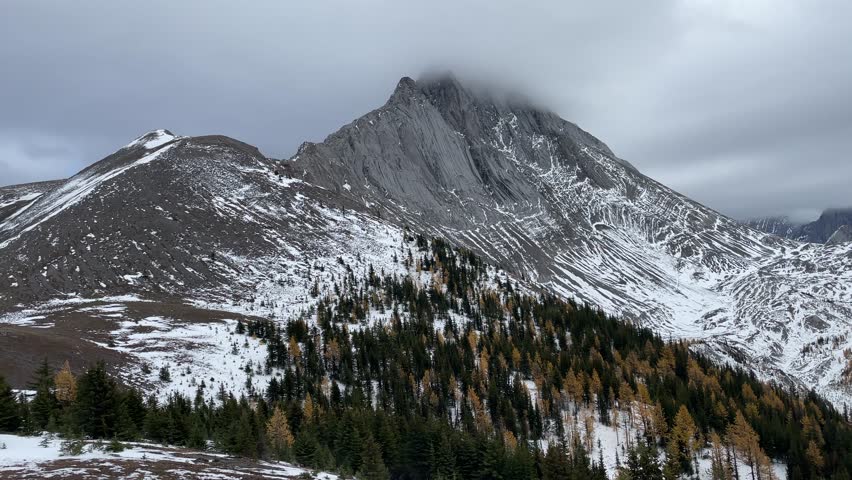 Mountain peak in clouds Larches, Kananaskis, Alberta, Canada