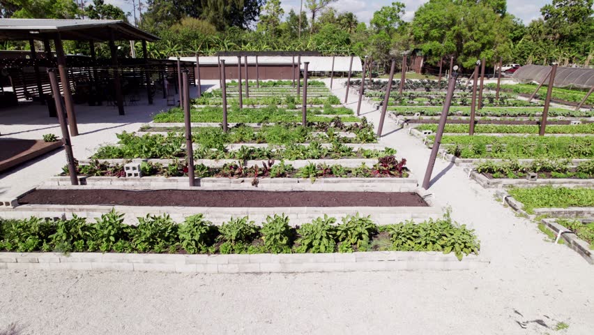 Push in drone shot of Loxahatchee Farm garden, vegan retreat during the day in Loxahatchee, Florida, USA