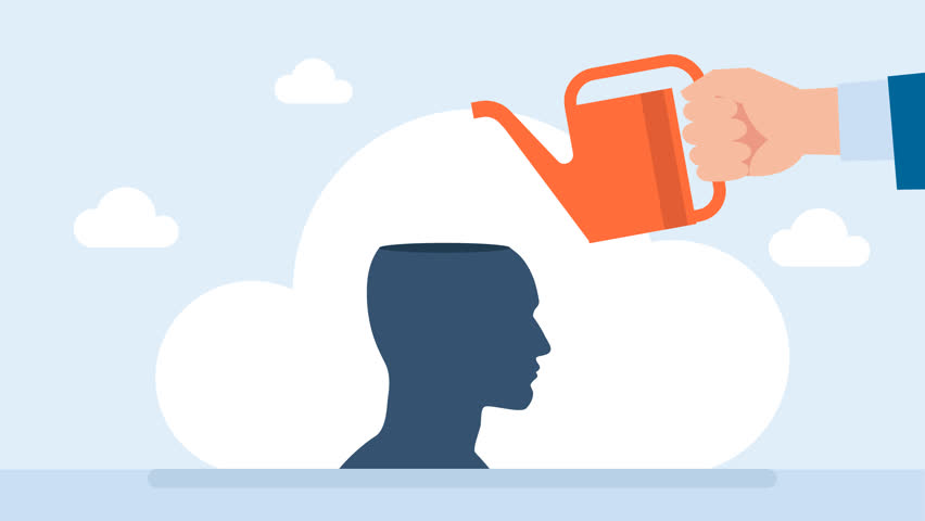 Personal growth, Self improvement, Development or improvement of personal concept. Learning professional level. Personal growth concept. Man with watering can waters brain. 2d flat animation