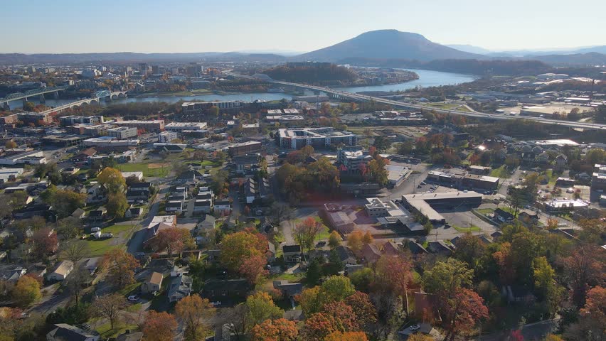 Chattanooga cityscape and Lookout Mountain in Tennessee, USA on a sunny autumn day
