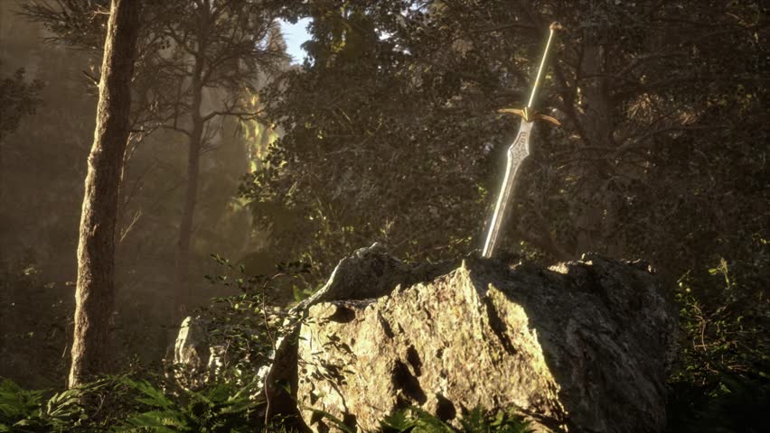 Beautiful sunlit render of the legendary sword Excalibur protruding from a huge stone in the middle of a magical English forest glade