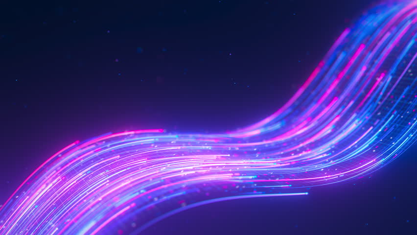 Closeup of Big data light speed flow. Abstract digital data stream of quantum computing. Cyberspace of qubit trail waves. Modern tech information transmission.