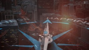 Pointing towards happiness, compass needle over cityscape with animation at sunset. Direction, guidance, map, navigation, urban, animated - Powered by Shutterstock - Get 15% off with code: PIKWIZARD15