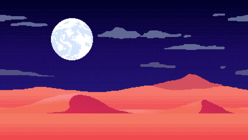 Pixel art animation of sand desert landscape at night. Retro cartoon 8bit video game arcade level with sand-dunes, moon and clouds. Seamless loop animated video.