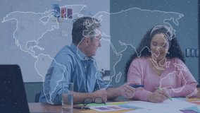 Two people working at desk with world map and data overlay animation. Collaboration, teamwork, digital, global, analysis, office - Powered by Shutterstock - Get 15% off with code: PIKWIZARD15