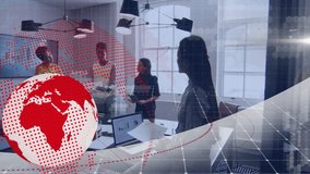 Business team collaborating in office with digital globe and data overlay animation. Teamwork, innovation, technology, collaboration, analytics, networking - Powered by Shutterstock - Get 15% off with code: PIKWIZARD15