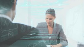 Discussing animation on digital interface, business professionals in modern office. Technology, teamwork, innovation, collaboration, brainstorm, corporate - Powered by Shutterstock - Get 15% off with code: PIKWIZARD15