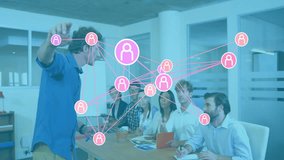 Discussing business meeting with network connections animation overlaying diverse team. teamwork, collaboration, networking, innovation, partnership, corporate - Powered by Shutterstock - Get 15% off with code: PIKWIZARD15