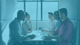 Diverse team collaborating at table with network connections animation overlay. Collaboration, teamwork, innovation, technology, brainstorming, connectivity - Powered by Shutterstock - Get 15% off with code: PIKWIZARD15