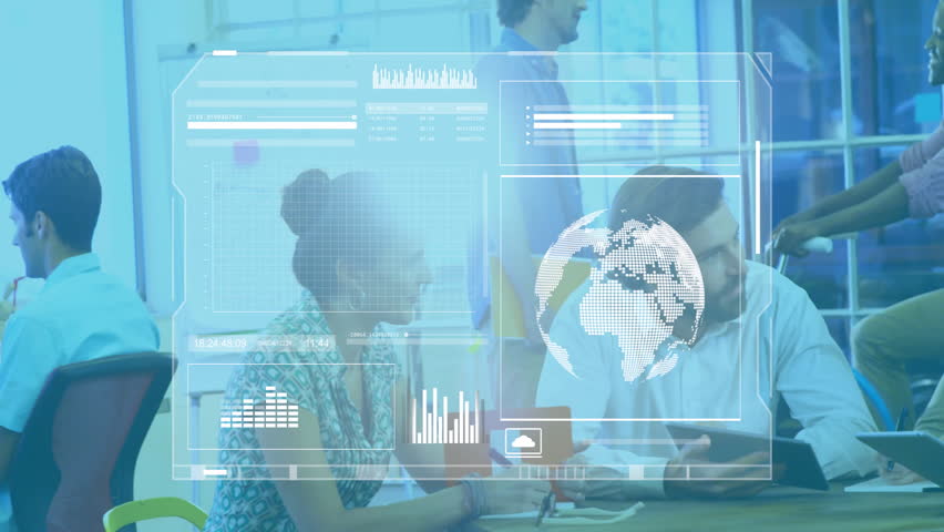 Business team collaborating at office with digital data processing animation overlay. Teamwork, collaboration, technology, innovation, brainstorming, strategy - Powered by Shutterstock - Get 15% off with code: PIKWIZARD15