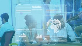 Business team collaborating at office with digital data processing animation overlay. Teamwork, collaboration, technology, innovation, brainstorming, strategy - Powered by Shutterstock - Get 15% off with code: PIKWIZARD15