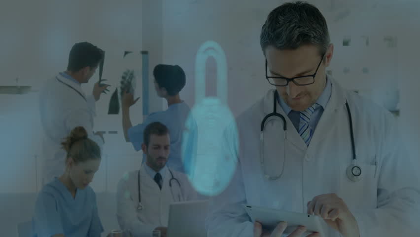 Doctors working with digital security lock and fingerprint animation overlay. Technology, cybersecurity, healthcare, innovation, biometrics, protection - Powered by Shutterstock - Get 15% off with code: PIKWIZARD15