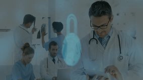 Doctors working with digital security lock and fingerprint animation overlay. Technology, cybersecurity, healthcare, innovation, biometrics, protection - Powered by Shutterstock - Get 15% off with code: PIKWIZARD15