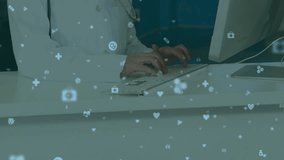 Typing on keyboard, doctor surrounded by floating animation of social media icons. Technology, healthcare, communication, innovation, digital, connectivity - Powered by Shutterstock - Get 15% off with code: PIKWIZARD15