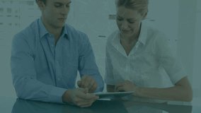 Digital interface animation over two people discussing in modern office setting. Collaboration, teamwork, innovation, brainstorming, technology, corporate - Powered by Shutterstock - Get 15% off with code: PIKWIZARD15