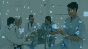 In school, medical professionals discussing with digital animation overlaying scene. Healthcare, technology, innovation, collaboration, meeting, education - Powered by Shutterstock - Get 15% off with code: PIKWIZARD15
