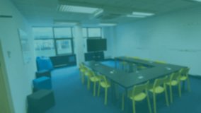 Futuristic digital interface animation over modern conference room with blue chairs. Technology, innovation, virtual, business, interactive - Powered by Shutterstock - Get 15% off with code: PIKWIZARD15