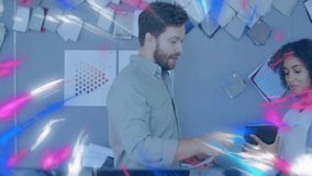 Discussing work, man and woman using animation effects in office environment. Collaboration, brainstorming, technology, creativity, digital, teamwork - Powered by Shutterstock - Get 15% off with code: PIKWIZARD15