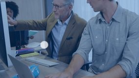 Collaborating at desk, two men working with animation of digital network icons. Collaboration, technology, innovation, teamwork, brainstorming, digital transformation - Powered by Shutterstock - Get 15% off with code: PIKWIZARD15